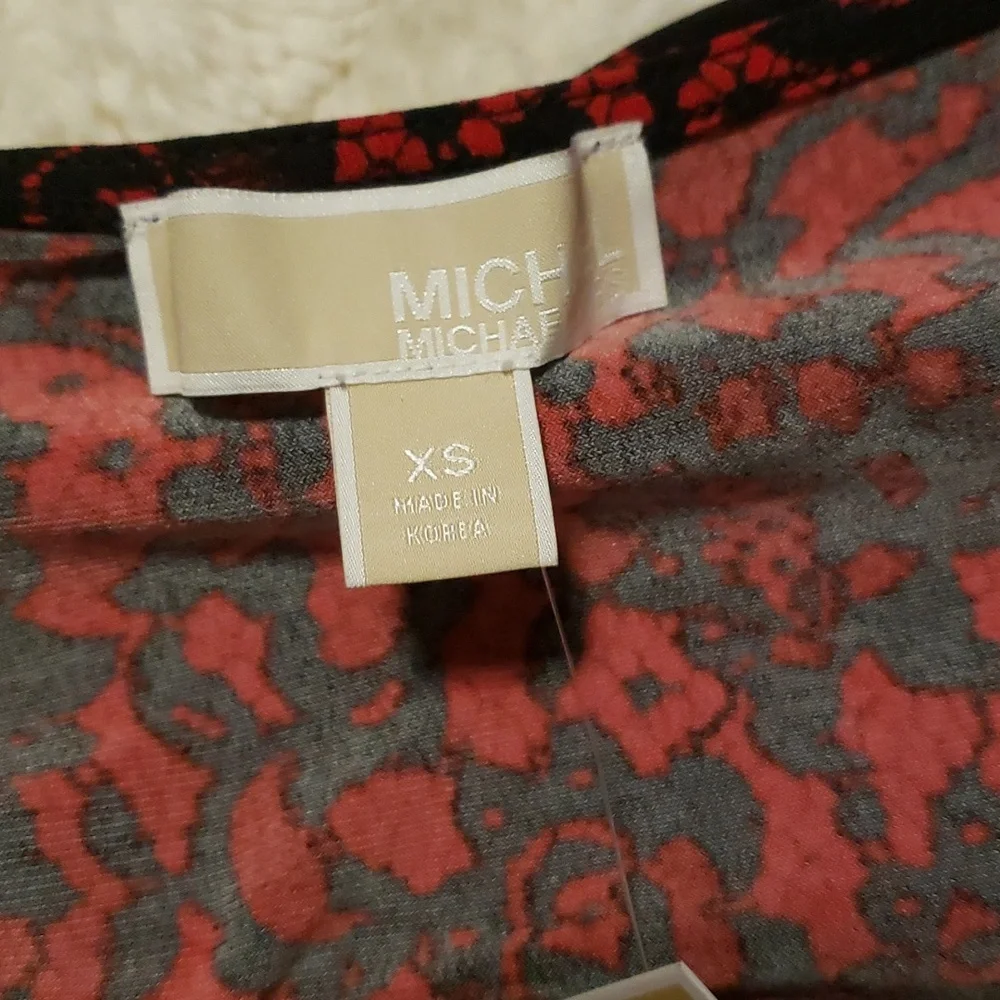 Michael Kors NWT Square Neck Ruched Long Sleeve Top Red Black Lace Print XS